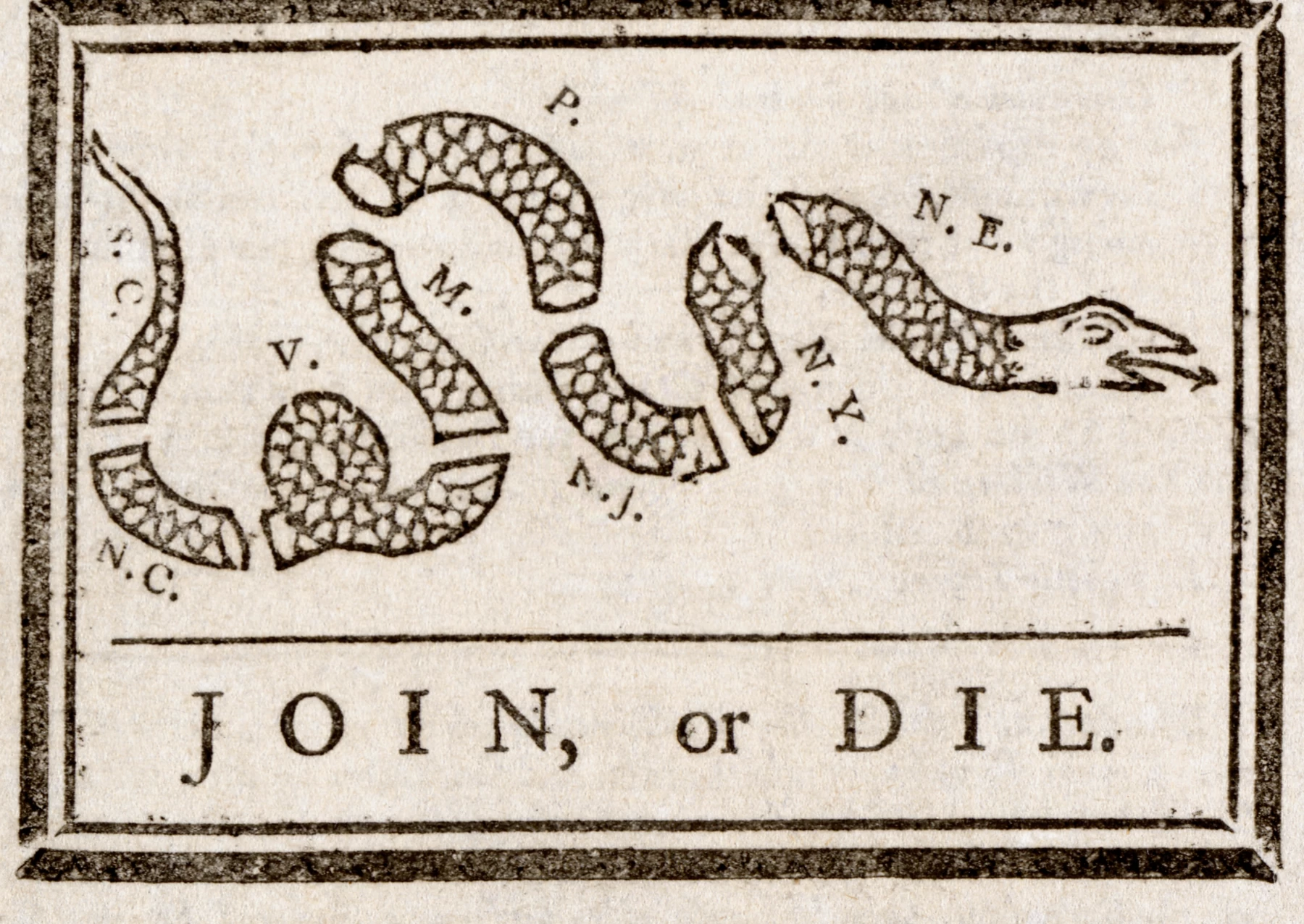 班傑明·富蘭克林1754年的漫畫《聯合，否則死亡》。漫畫中一條響尾蛇被切成八段，每一段代表一個美洲殖民地（新英格蘭、紐約、紐澤西、賓州、馬裡蘭、維吉尼亞、北卡羅萊納和南卡羅來納）。  