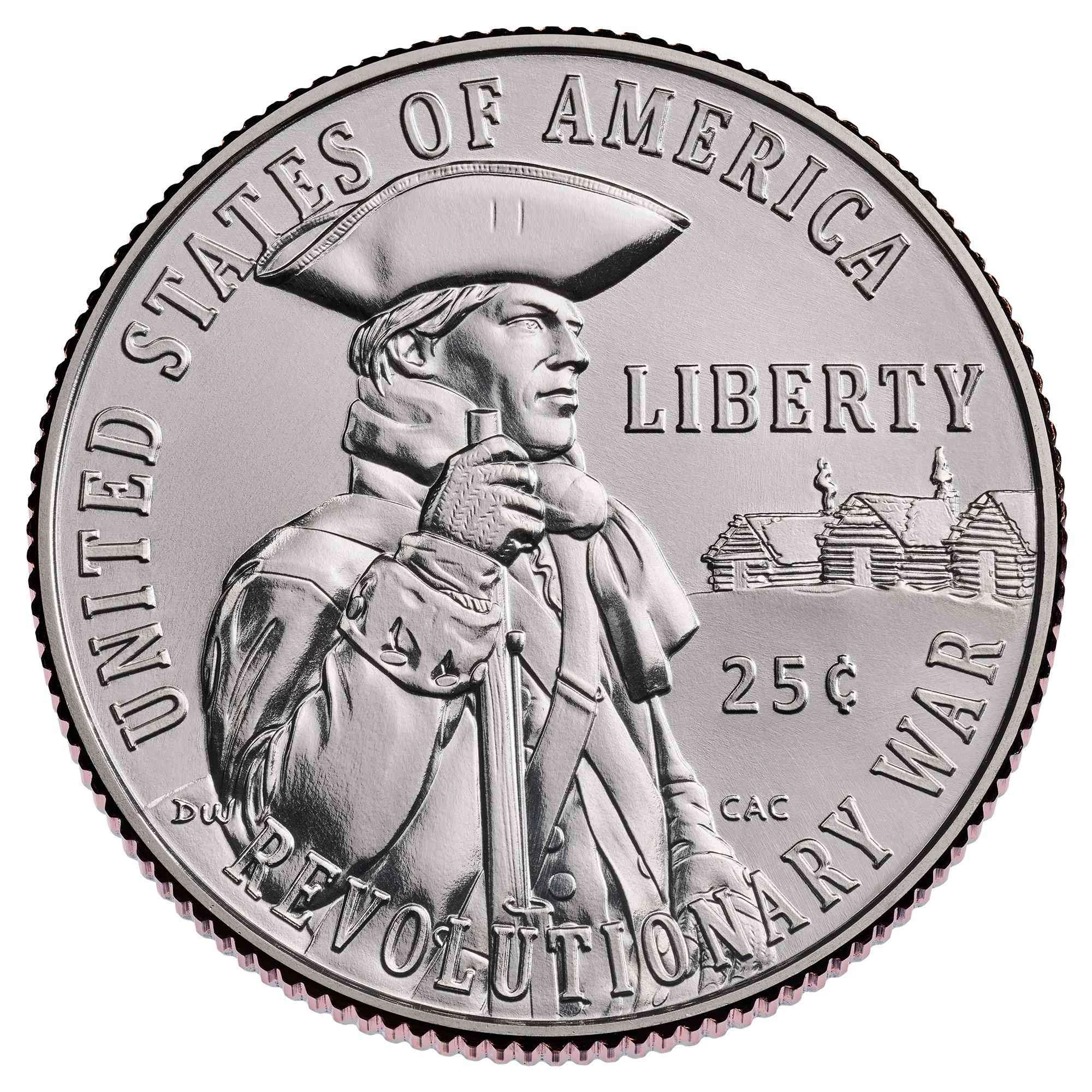 一枚25美分硬幣，圖案是一位美國獨立戰爭時期的士兵手持長管火槍。