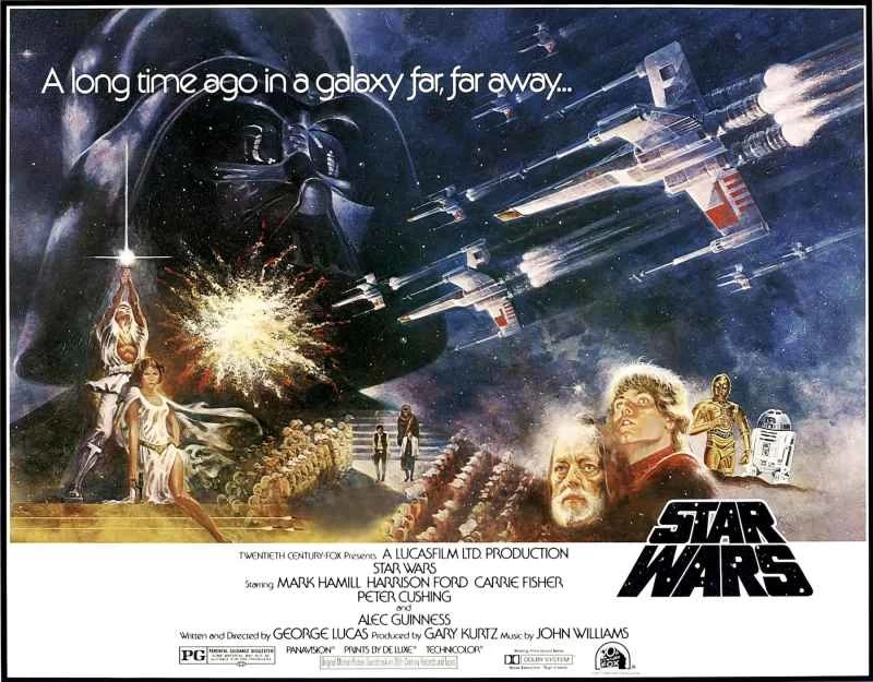 《星際大戰》(又名:第四集-新希望)電影海報,美國版,達斯維達,凱莉費雪,亞歷克吉尼斯,馬克哈米爾,C-3PO,R2-D2,1977年。 (圖片由LMPC透過Getty Images提供)